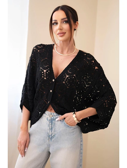 Dámský letní krajkový svetr s knoflíky a dlouhým rukávem černý Dámský letní krajkový svetr s knoflíky a dlouhým rukávem černý