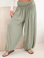 Dámské viskózové kalhoty se širokou nohavicí a řasením khaki