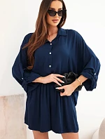 Dámský viskózový komplet košile s knoflíky a volné šortky námořnická modrá