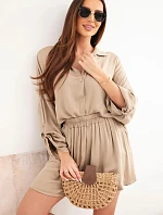 Dámský viskózový komplet, košile s knoflíky a volné kraťasy camelový