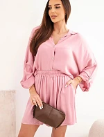 Dámský komplet z viskózy, košile s knoflíky a volné šortky tmavě růžová