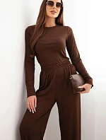 Dámský viskózový komplet s blůzou a širokými kalhotami hnědý