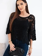 Dámský bavlněný prolamovaný svetr s krátkým rukávem a ozdobným vzorem černý