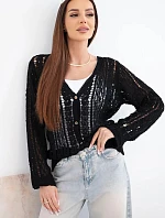 Dámský bavlněný ažurový svetr zapínaný na knoflíky s výstřihem do V černý