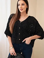 Dámský bavlněný ažurový svetr zapínaný na knoflíky s krátkým rukávem černý