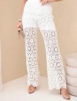 Dámské bavlněné ažurové kalhoty se širokými nohavicemi a elastickým pasem bílé