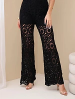 Dámské bavlněné krajkové kalhoty se širokými nohavicemi a elastickým pasem černé