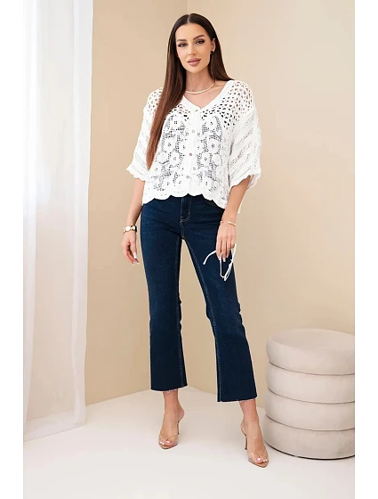 Dámský bavlněný prolamovaný svetr model 22122080 na knoflíky s krátkým rukávem bílý - K-Fashion