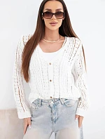 Dámský bavlněný ažurový svetr zapínaný na knoflíky s výstřihem do V bílý