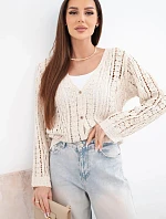 Dámský bavlněný ažurový svetr zapínaný na knoflíky s výstřihem do V béžový