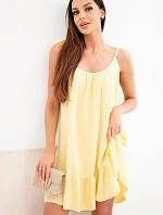 Dámské viskózové šaty na ramínka s volánem a zavazováním žluté