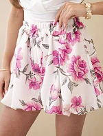 Dámské viskózové kraťasy s květinovým vzorem a vázáním v pase růžové