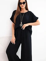 Dámský viskózový komplet halenka s krátkým rukávem a kalhoty se širokými nohavicemi černý