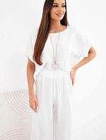 Dámský viskózový komplet: halenka s krátkým rukávem a kalhoty se širokou nohavicí ecru