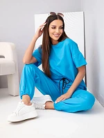 Dámská bavlněná souprava halenka krátký rukáv a teplákové kalhoty tyrkysová