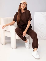 Dámský bavlněný komplet halenka s krátkým rukávem a teplákové kalhoty hnědý