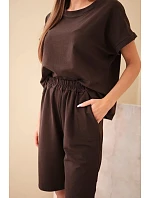 Dámský bavlněný komplet halenka krátký rukáv a kraťasy s gumičkou v pase hnědá