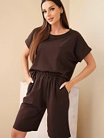 Dámský bavlněný komplet halenka krátký rukáv a kraťasy s gumičkou v pase hnědá