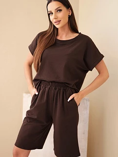 Dámský bavlněný komplet halenka krátký rukáv a kraťasy s gumičkou v pase hnědá