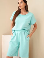 Dámský bavlněný komplet tričko s krátkým rukávem a kraťasy s gumou v pase mentolový