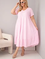 Dámské šaty plus size s krátkým rukávem a volánem z lehké viskózy bonbónová růžová