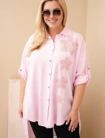 Dámská košile Plus Size z viskózy s květinovým vyšíváním cukrově růžová
