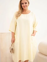 Dámské šaty plus size z viskózy s kapsami s krátkým rukávem žluté