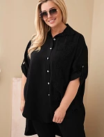 Dámská košile Plus Size z viskózy s květinovou výšivkou černá