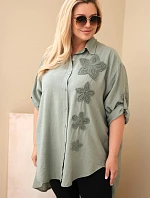 Dámská košile Plus Size z viskózy s květinovou výšivkou khaki
