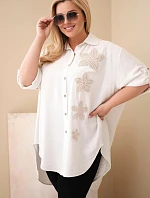 Dámská košile Plus Size z viskózy s květinovou výšivkou béžová