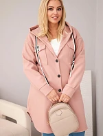 Dámský kabát plus size s kapucí zapínaný na knoflíky tmavě růžový