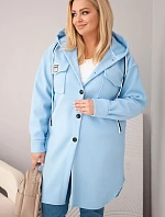 Dámský kabát plus size s kapucí zapínaný na knoflíky modrý