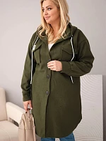 Dámský kabát Plus Size s kapucí zapínaný na knoflíky khaki