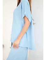 Dámský komplet Plus Size halenka a kalhoty s širokými nohavicemi modrý
