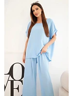 Dámský komplet Plus Size halenka a kalhoty s širokými nohavicemi modrý