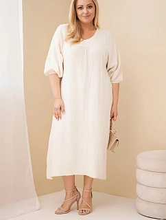 Dámské šaty Plus Size z bavlněného mušelínu s výstřihem do V béžová