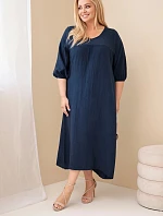 Dámské plus size bavlněné mušelínové šaty s výstřihem do V námořnická