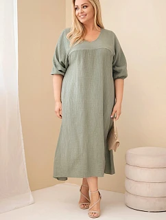 Dámské šaty plus size z bavlněného mušelínu s výstřihem do V khaki