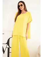 Dámský komplet Plus Size halenka a kalhoty se širokou nohavicí žlutý