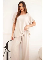 Dámský komplet Plus Size halenka a kalhoty se širokými nohavicemi béžová