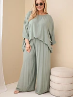 Dámský komplet Plus Size z viskózy se širokými kalhotami a halenkou khaki