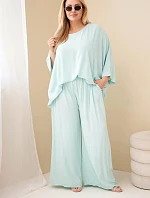 Dámský komplet Plus Size z viskózy se širokými kalhotami a halenkou mátový