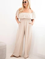 Dámský overal Plus Size s volánem a krátkým rukávem béžový