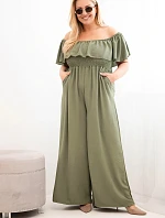 Dámský overal Plus Size s volánem a krátkým rukávem khaki