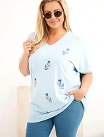 Dámská bavlněná halenka Plus Size s peříčky modrá