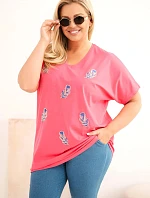 Dámská bavlněná halenka Plus Size s peříčky růžová