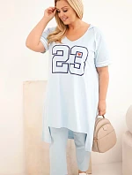 Dámská bavlněná souprava Plus Size s mikinou s kapucí a kalhotami modrá