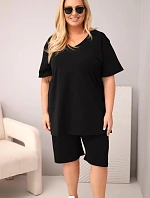 Dámská bavlněná souprava Plus Size s halenkou a kraťasy černá