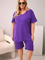 Dámská bavlněná souprava Plus Size s halenkou a šortkami fialová