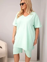 Dámský bavlněný komplet Plus Size s halenkou a šortkami mátový